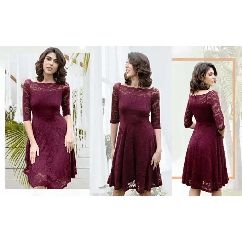 NWT Off Shoulder 3/4 Sleeve Retro Lace Cocktail Formal Bridesmaid Dress SIZE M